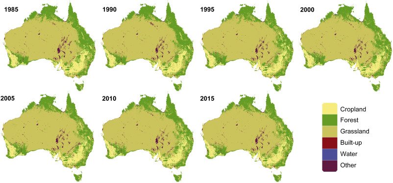 A series of Australian land cover maps from 1985 to 2015, showing forest cover shrinking as grassland and cropland spread.