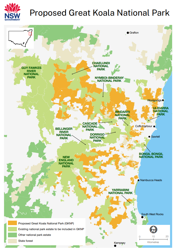 Map of the proposed Great Koala National Park on the New South Wales mid north coast, showing the reserves and state forests it would combine.